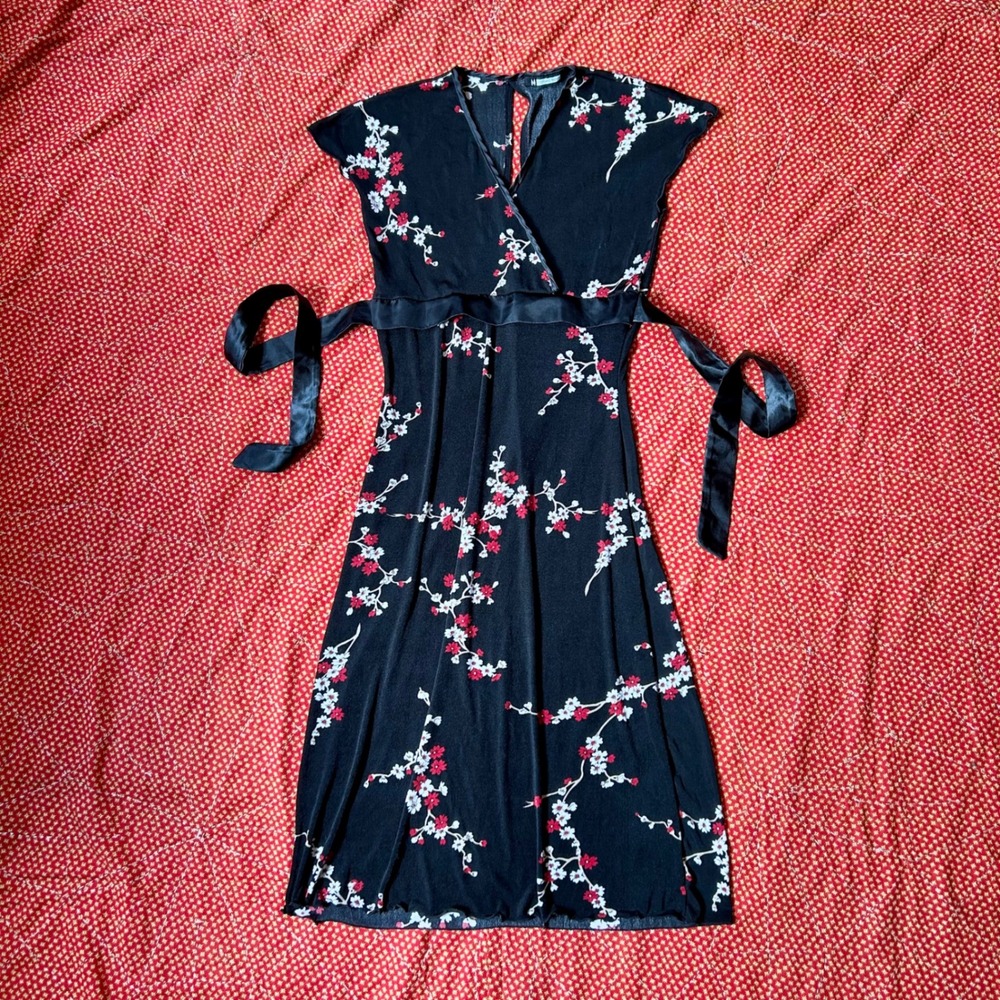 M Collection Vintage 90s Black Floral Cherry Blossom Midi Dress Satin Tie Waist